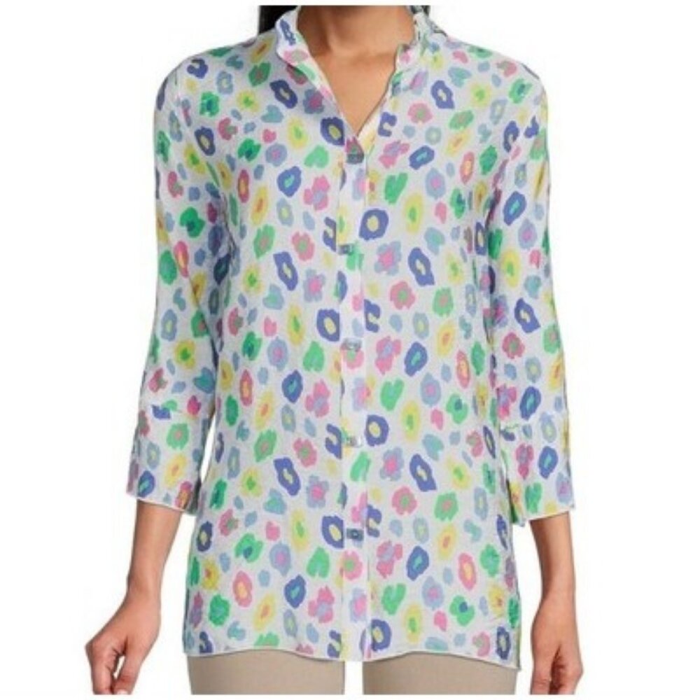 Multiples Colorful Abstract Leopard Print 3/4 Ruffles Sleeve LNC XL